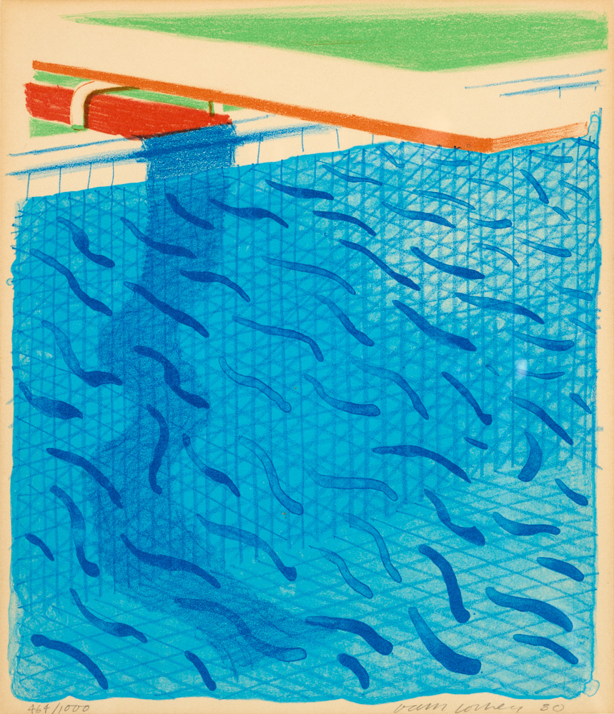 A colour print depicting a tiled pool with diving board. Ripples in the water are represented by darker blue short curved lines.