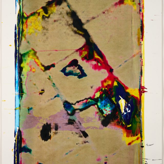 An abstract screenprint showing distorted floor tiles. From a series of 100 unique relief prints, taken directly from the stone flag surface of the derelict 5th floor of Islington Mill.