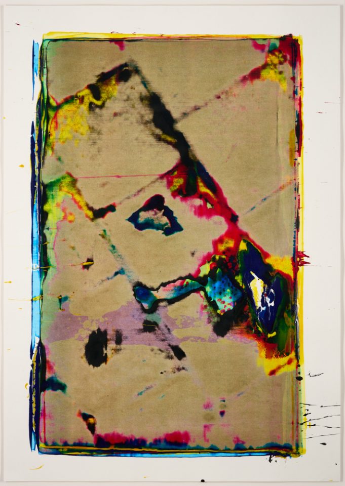 An abstract screenprint showing distorted floor tiles. From a series of 100 unique relief prints, taken directly from the stone flag surface of the derelict 5th floor of Islington Mill.