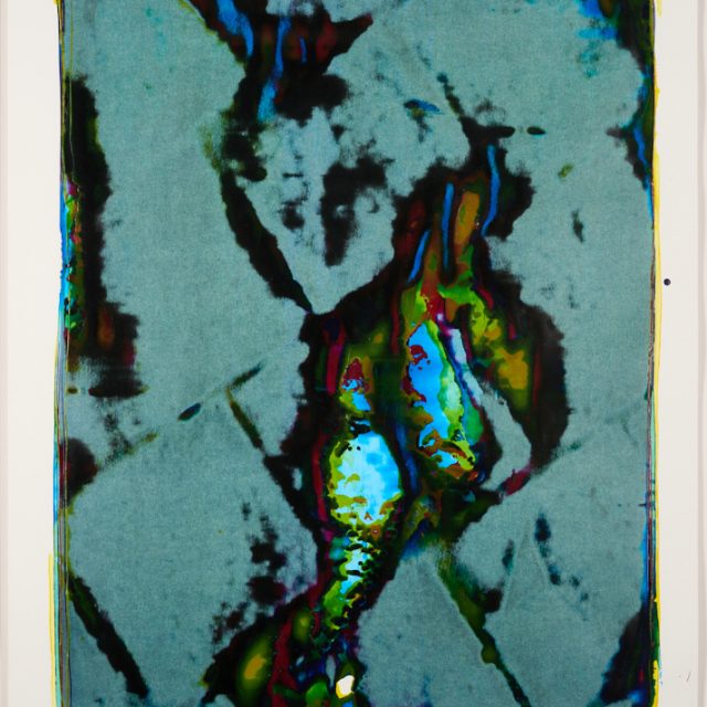 An abstract screenprint showing distorted floor tiles. From a series of 100 unique relief prints, taken directly from the stone flag surface of the derelict 5th floor of Islington Mill.