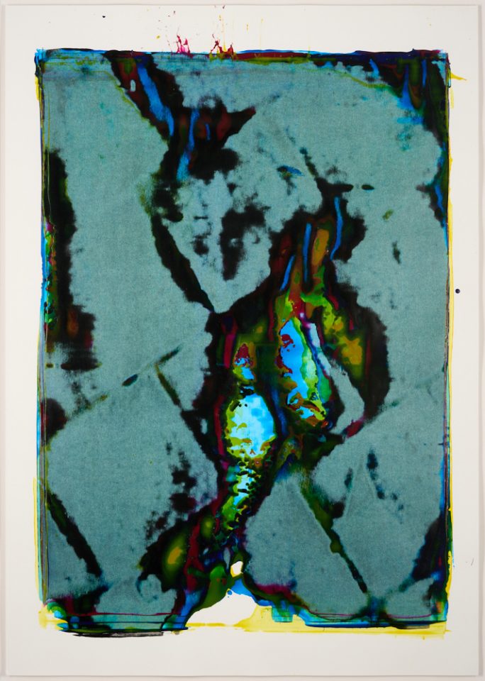 An abstract screenprint showing distorted floor tiles. From a series of 100 unique relief prints, taken directly from the stone flag surface of the derelict 5th floor of Islington Mill.