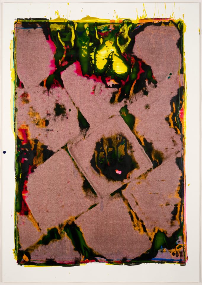 An abstract screenprint showing distorted floor tiles. From a series of 100 unique relief prints, taken directly from the stone flag surface of the derelict 5th floor of Islington Mill.