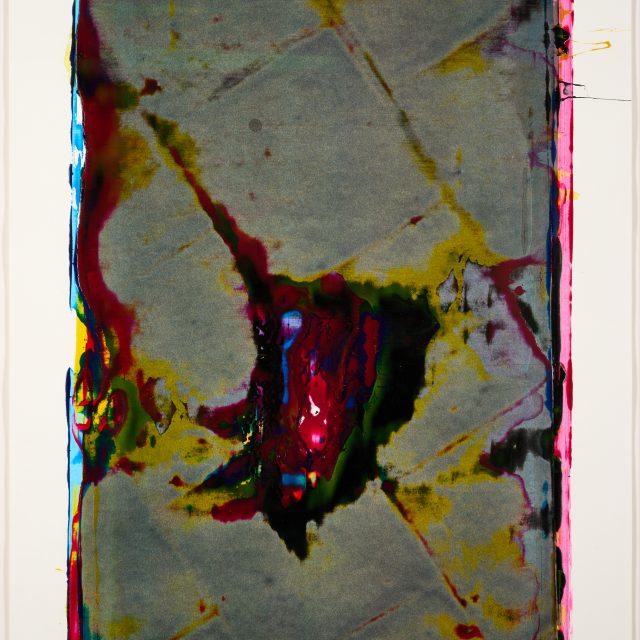 An abstract screenprint showing distorted floor tiles. From a series of 100 unique relief prints, taken directly from the stone flag surface of the derelict 5th floor of Islington Mill.