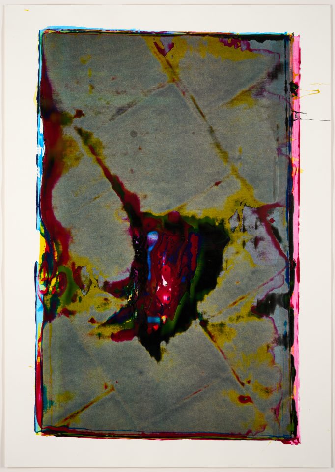 An abstract screenprint showing distorted floor tiles. From a series of 100 unique relief prints, taken directly from the stone flag surface of the derelict 5th floor of Islington Mill.