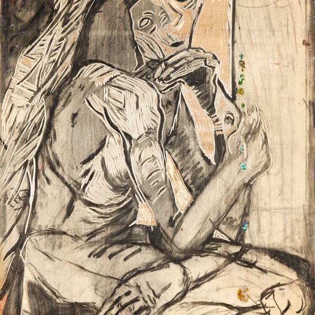 An abstracted figure is depicted through incisions onto the board. The figure is sat in profile, with one arm resting on their bent legs, the other under their chin, tilting their head back. The impression of a third arm rests between the two as if in motion. The face has one eye completed blacked out, and one light, the figure has shoulder length hair, and a short fringe.