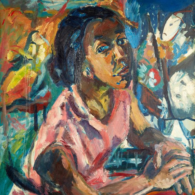 A colourful oil painting depicting a girl with dark skin sat profile to the viewer but turning and leaning forwards to look directly towards the viewer. Her hands rest over each other in front of her on a red surface, her clothing is pink with a collar, and her arms are exposed. Behind the figure is a colourful, abstract background.