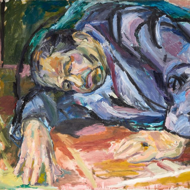 A colourful oil painting depicting a man with light skin and dark hair from the waist up, slumped forwards on his front. His eyes look down, he wears a dark suit in blue and purple tones, he wears a ring on his ring finger closest to the viewer. A figure stands in the background, on the left of the man, they looks back over their shoulder towards him.