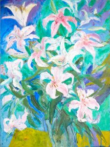 A colourful oil painting depicting a vase of pink and white lilies with thin green leaves, against a yellow and blue background.