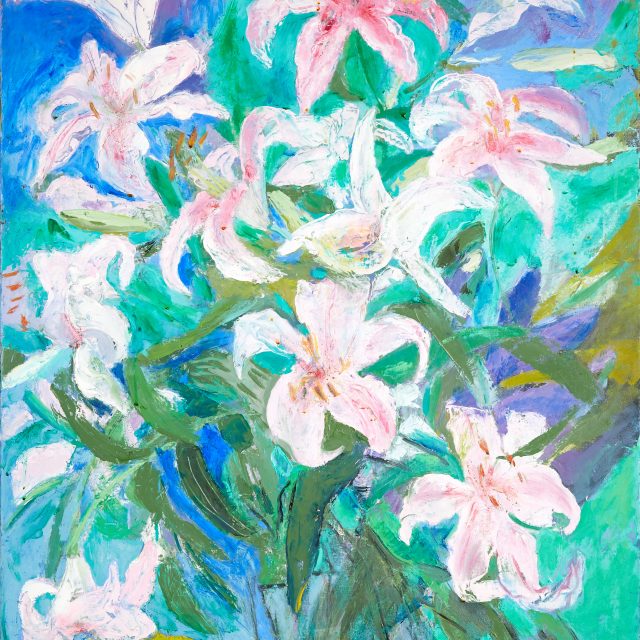 A colourful oil painting depicting a vase of pink and white lilies with thin green leaves, against a yellow and blue background.