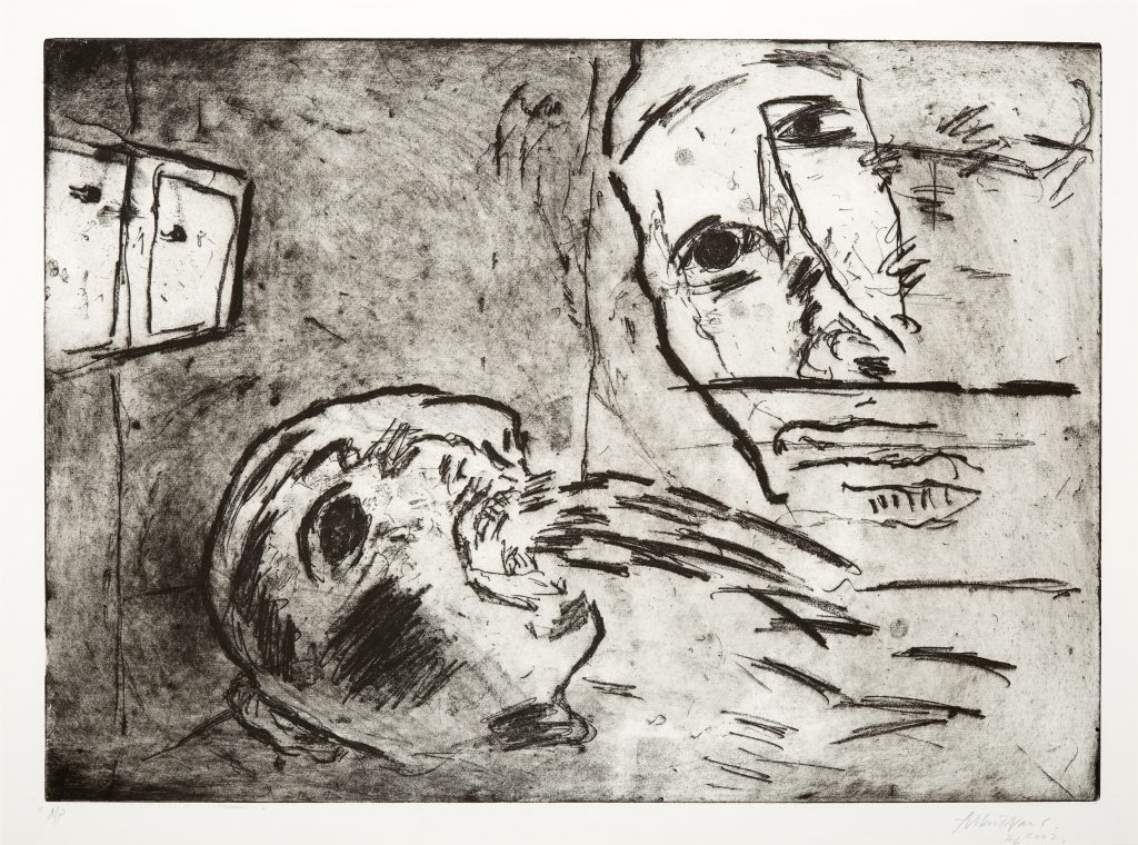 An etching depicting two disembodied, distorted heads, one looking down at the other.