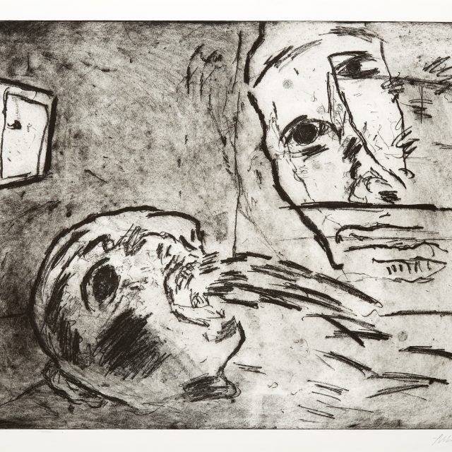 An etching depicting two disembodied, distorted heads, one looking down at the other.
