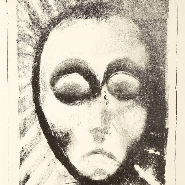 A lithograph depicting a pale oval face with large blank eyes, the other features are only hinted at through shading, including the long nose, downturned smile, and hollow cheeks. Lines surround the head, suggesting light beams eminating from it.