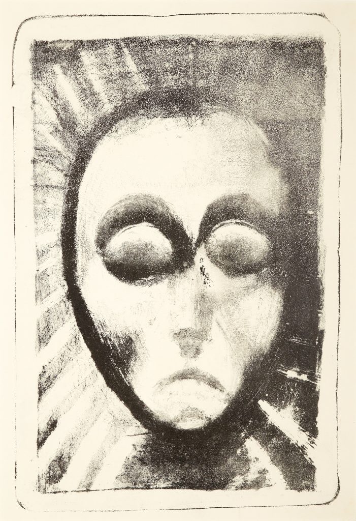 A lithograph depicting a pale oval face with large blank eyes, the other features are only hinted at through shading, including the long nose, downturned smile, and hollow cheeks. Lines surround the head, suggesting light beams eminating from it.