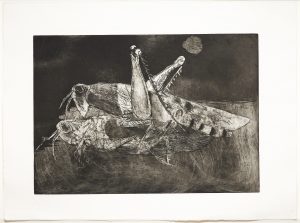 A monotone etching and aquatint, depicting two locusts mating, one on top of the other in the centre, with a pale full moon in the background to the right.