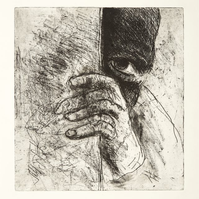 A monotone etching and aquatint, depicting a figure peering around a wall. Their hand grasps the wall, and their dark face peers, just one eye visible, around the corner.