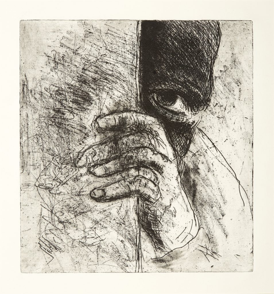 A monotone etching and aquatint, depicting a figure peering around a wall. Their hand grasps the wall, and their dark face peers, just one eye visible, around the corner.