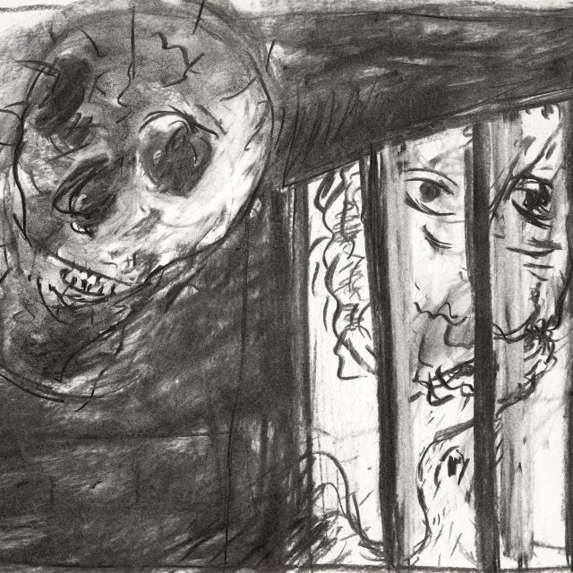 A monotone charcol drawing, depicting a distorted skull floating in the upper left of the page. An upsidown figure, visible from the nose up, with short, curly hair peers through bars in. A bird, only the head and top of it's wings, reaches down towards the figure.