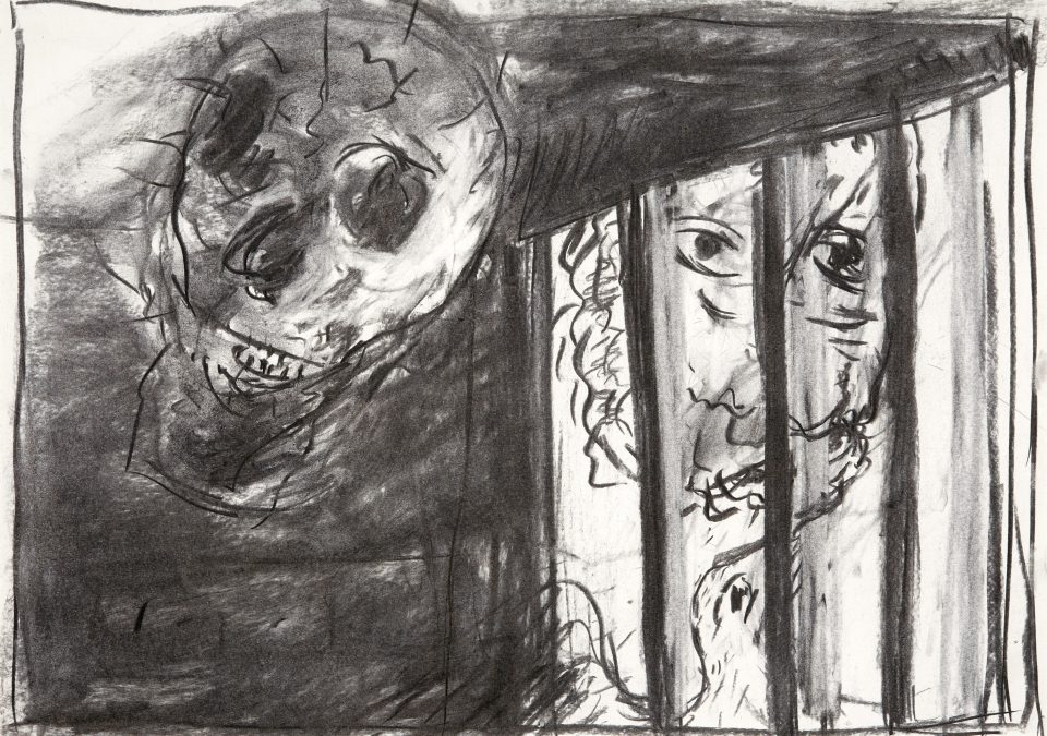 A monotone charcol drawing, depicting a distorted skull floating in the upper left of the page. An upsidown figure, visible from the nose up, with short, curly hair peers through bars in. A bird, only the head and top of it's wings, reaches down towards the figure.