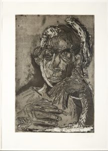 A monotone etching and aquatint depicting the artist, a mixed race man, looking off towards the left, one hand resting agaisnt his cheek, the other on his chest. The bold outlines of his features, including the side of his face, hair, nose, mouth, and details on his hands apear paler than the rest of the image. The figure appears distorted.
