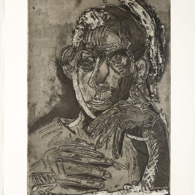 A monotone etching and aquatint depicting the artist, a mixed race man, looking off towards the left, one hand resting agaisnt his cheek, the other on his chest. The bold outlines of his features, including the side of his face, hair, nose, mouth, and details on his hands apear paler than the rest of the image. The figure appears distorted.