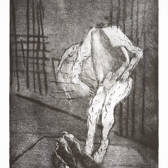 A monotone etching depicting an abstracted and pale distorted figure, leant against a wall, and falling fowards, their feet at the centre front of the image.
