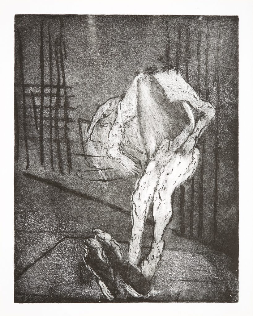 A monotone etching depicting an abstracted and pale distorted figure, leant against a wall, and falling fowards, their feet at the centre front of the image.
