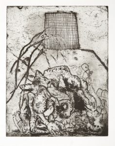 A abstract and monotone etching depicts the twisted forms of figures.
