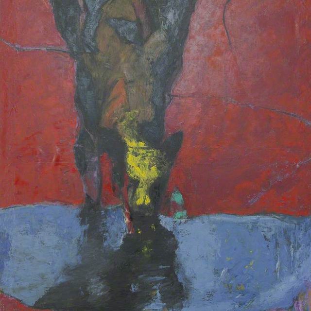 a semi-abstract oil painting showing an unidentified animal drinking water from a small pond.