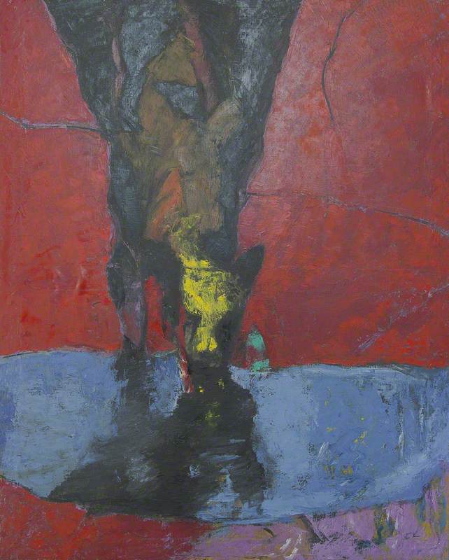 a semi-abstract oil painting showing an unidentified animal drinking water from a small pond.