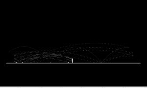 A monochrome computer generated image showing a simplistic figure in the centre of a plain, with the traces of bouncing tennis ball paths