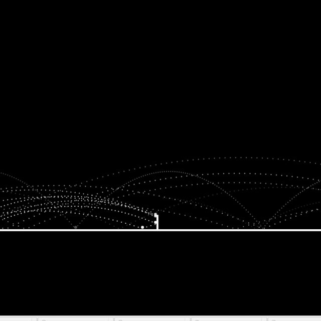 A monochrome computer generated image showing a simplistic figure in the centre of a plain, with the traces of bouncing tennis ball paths