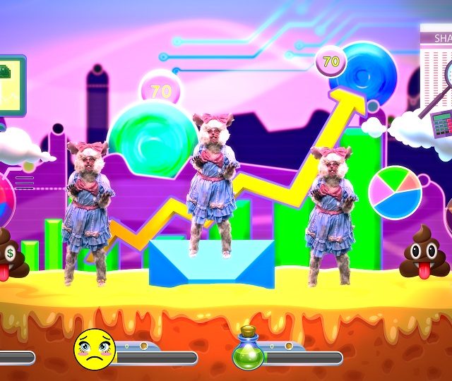 a brightly coloured scene using the aesthetics of a video game. There are 3 identical figures wearing furry costumes on a stage.