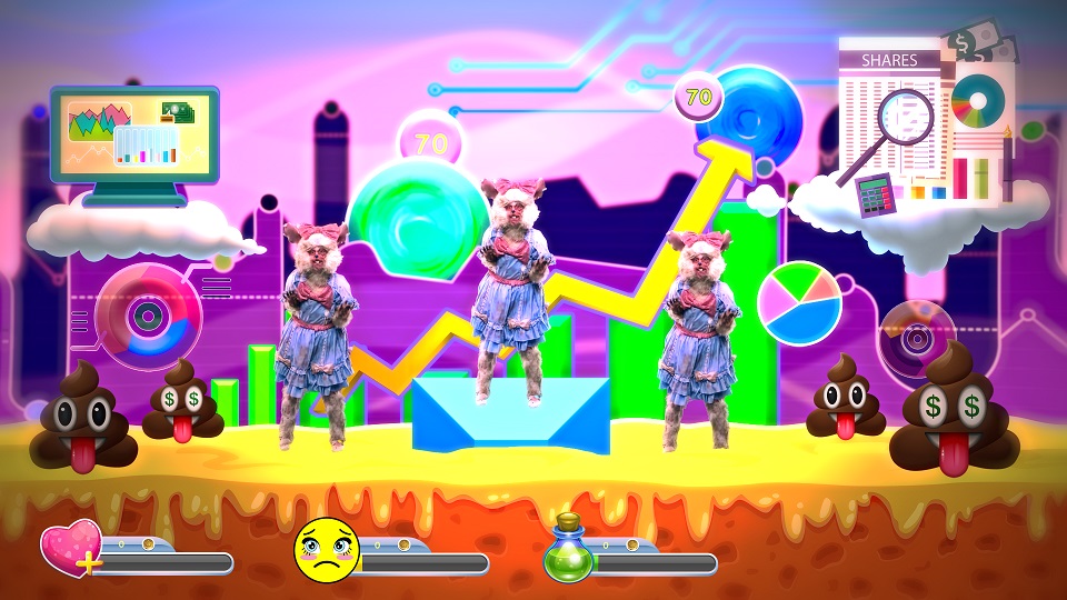 a brightly coloured scene using the aesthetics of a video game. There are 3 identical figures wearing furry costumes on a stage.