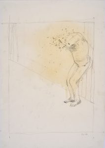 A pencil sketch on cream paper, depicting a headless figure lent upright against a wall.