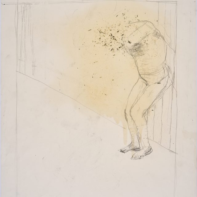 A pencil sketch on cream paper, depicting a headless figure lent upright against a wall.