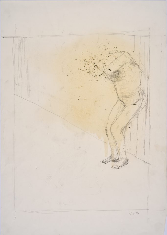 A pencil sketch on cream paper, depicting a headless figure lent upright against a wall.