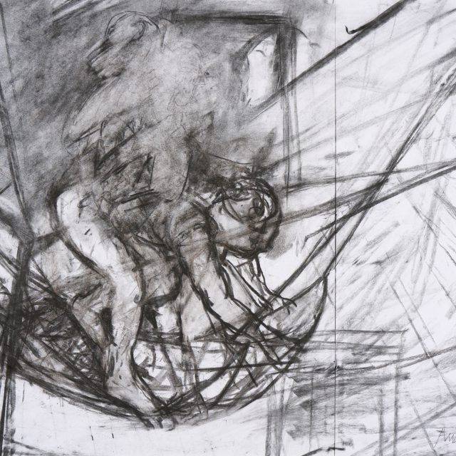 a rough sketch in charcoal on white paper. The quickly drawn lines show a jumble of limbs and we an vaguely make out a primate figure on the back of a crouching man.