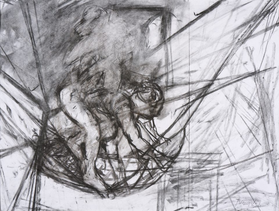 a rough sketch in charcoal on white paper. The quickly drawn lines show a jumble of limbs and we an vaguely make out a primate figure on the back of a crouching man.