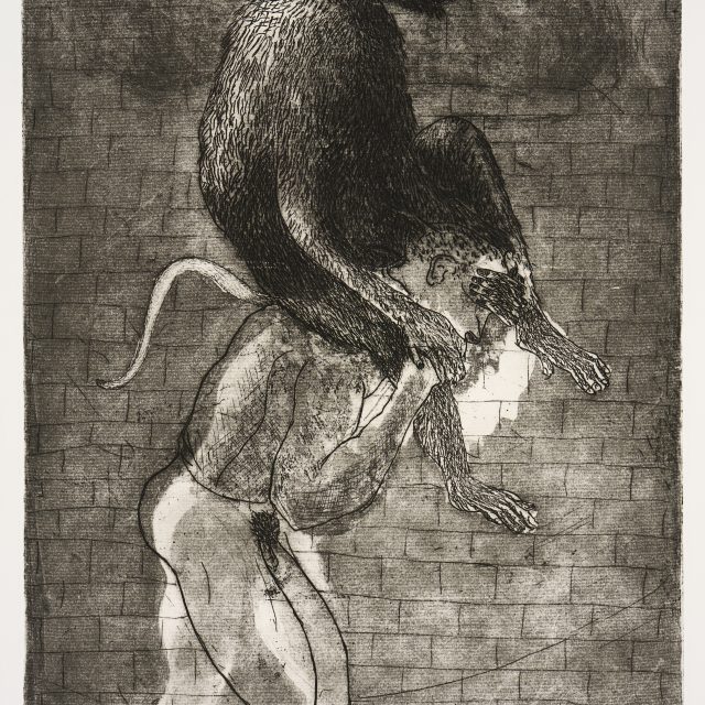 an etching showing a large ape riding on the shoulders of a naked make figure. The background is a brick wall