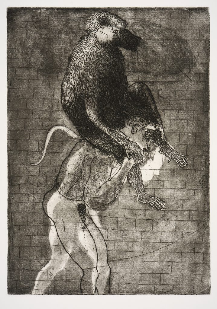 an etching showing a large ape riding on the shoulders of a naked make figure. The background is a brick wall