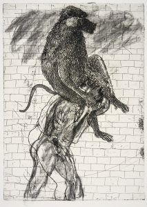 a preparatory sketch showing a large ape riding on the shoulders of a naked make figure. The background is a brick wall