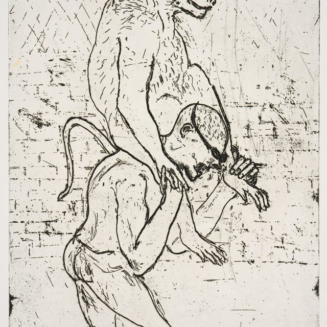 a preparatory sketch showing a large ape riding on the shoulders of a naked make figure. The background is a brick wall