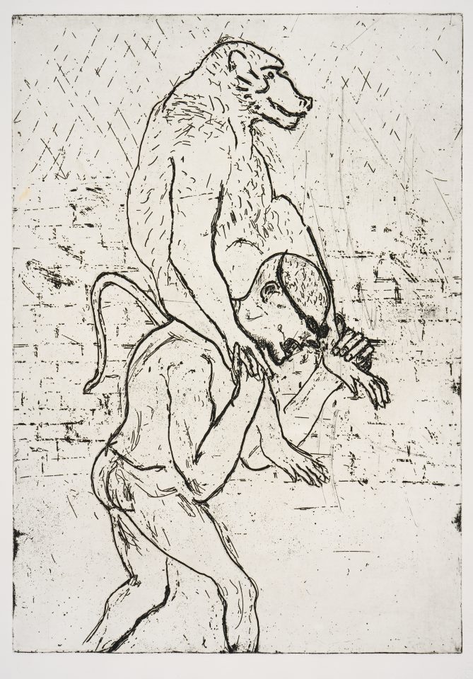 a preparatory sketch showing a large ape riding on the shoulders of a naked make figure. The background is a brick wall