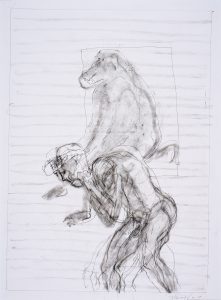 a preparatory sketch showing a large ape riding on the shoulders of a naked male figure.