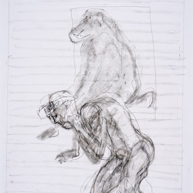 a preparatory sketch showing a large ape riding on the shoulders of a naked male figure.