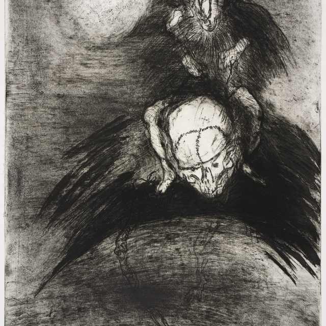 a print showing an ape riding on the back of a skeletal figure - it's not clear whether the figure is human or not.