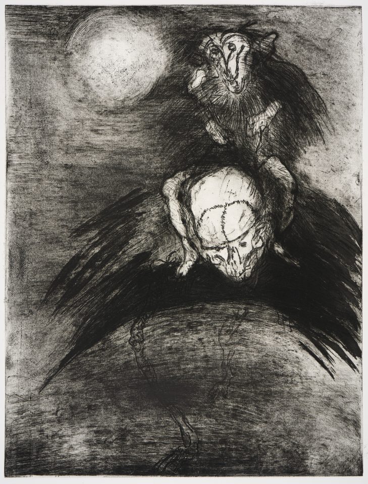 a print showing an ape riding on the back of a skeletal figure - it's not clear whether the figure is human or not.