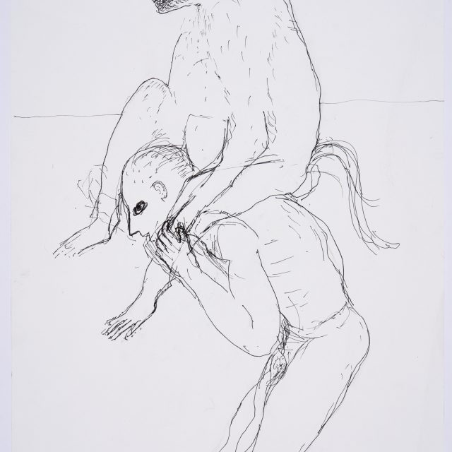 a preparatory sketch showing a large ape riding on the shoulders of a naked male figure