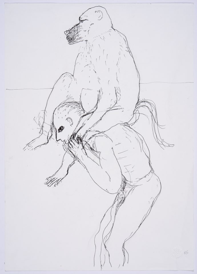 a preparatory sketch showing a large ape riding on the shoulders of a naked male figure