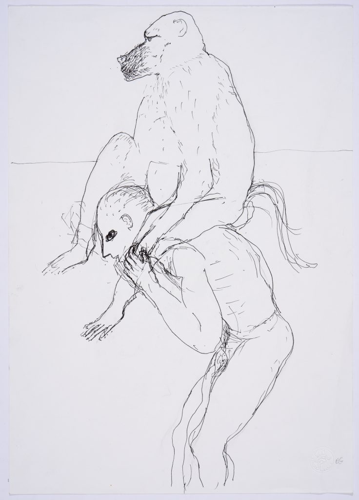 a preparatory sketch showing a large ape riding on the shoulders of a naked male figure